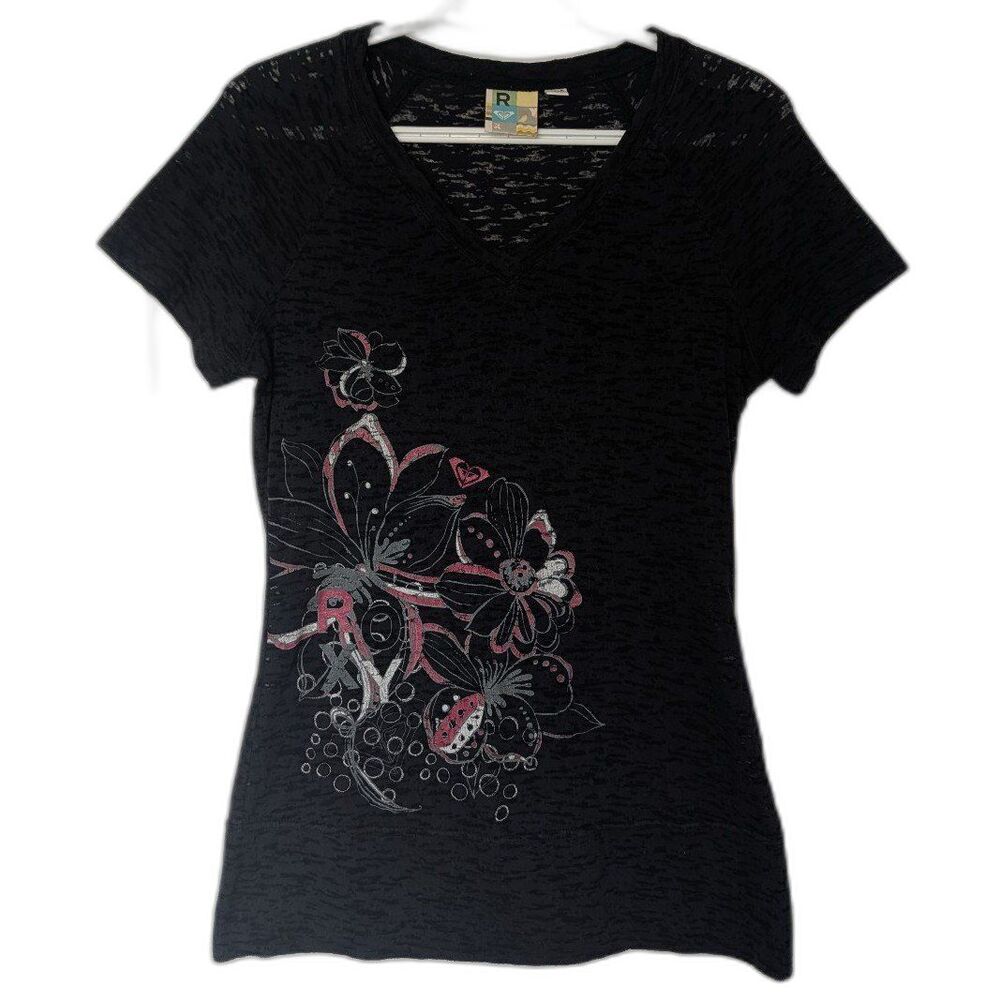 Vintage Y2K Roxy Graphic T-shirt Burnout V-Neck Floral Print Surf Black/Pink MD